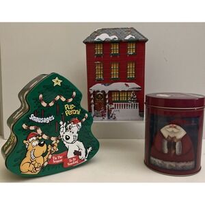 Christmas Tins Lot Of 3 Harry London Village Tin House Pup-Peroni Santa
